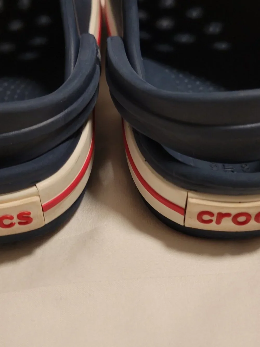 Crocs Navy Blue, White and Red Clog Sandals Slip-On Round Toe US 5C